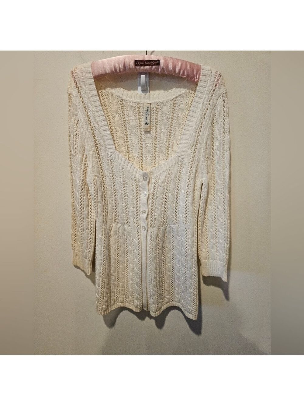 L.A. BLUES WOMEN'S IVORY SQUARE NECK CABLE KNIT & EYELET CARDIGAN SIZE MEDIUM